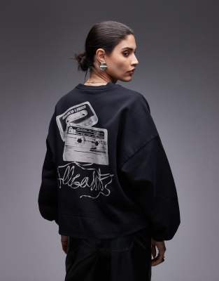 AllSaints - Lila - Sweatshirt in Schwarz mit Kassettenspulen-Print