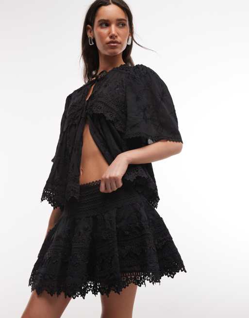 AllSaints Lillith broderie ruffle mini skirt in black (part of a set), 2 of 5