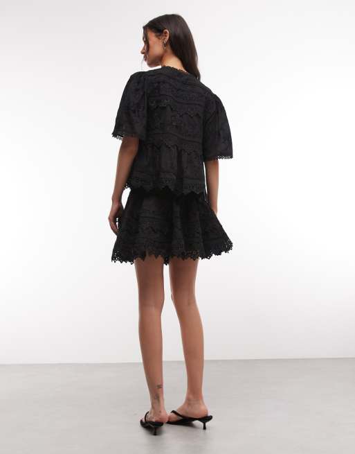 AllSaints Lillith broderie ruffle mini skirt in black (part of a set), 4 of 5