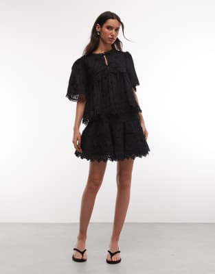 AllSaints Lillith co-ord broderie ruffle mini skirt in black