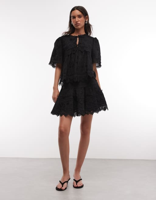 AllSaints Lillith short sleeve tie up frilly lace blouse in black, 3 of 4