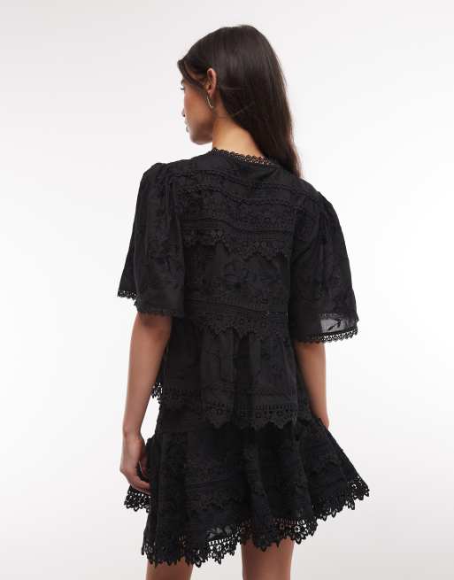 AllSaints Lillith short sleeve tie up frilly lace blouse in black, 4 of 4
