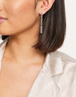 Allsaints Logo Etched Chain Link Linear Drop Earrings In Silver