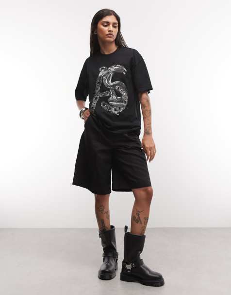 AllSaints Linx Etta short sleeve boxy t-shirt with embellished graphic logo in black - view 1