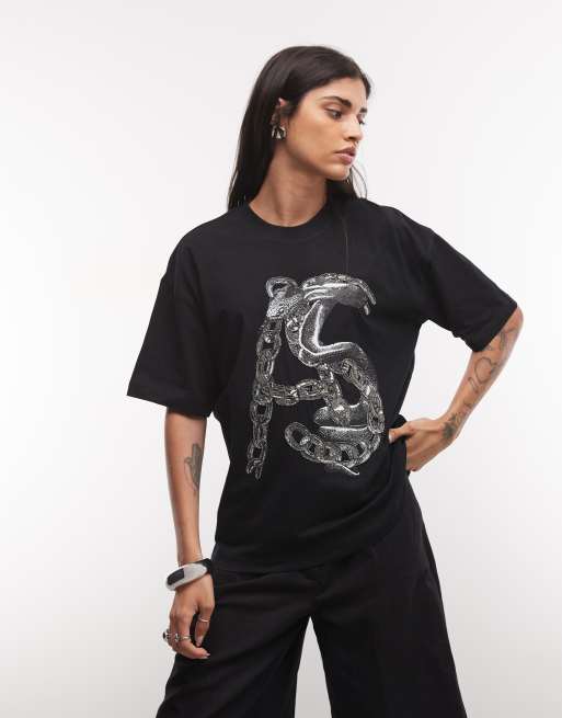 AllSaints Linx Etta short sleeve boxy t-shirt with embellished graphic logo in black, 2 of 4
