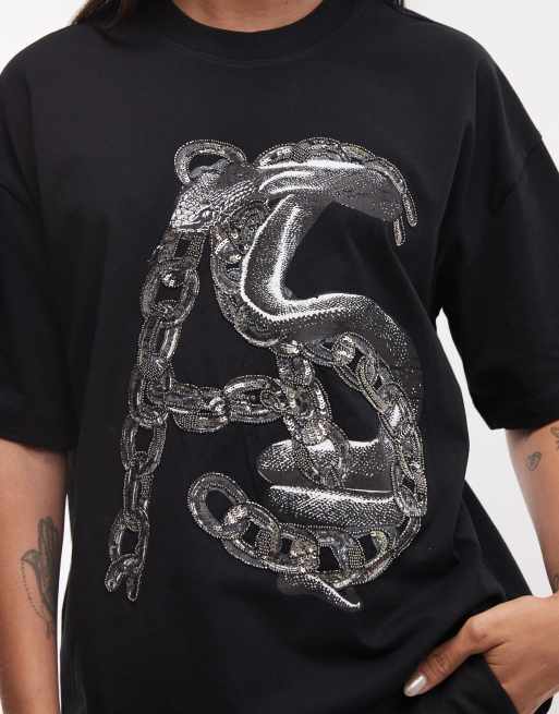 AllSaints Linx Etta short sleeve boxy t-shirt with embellished graphic logo in black, 3 of 4