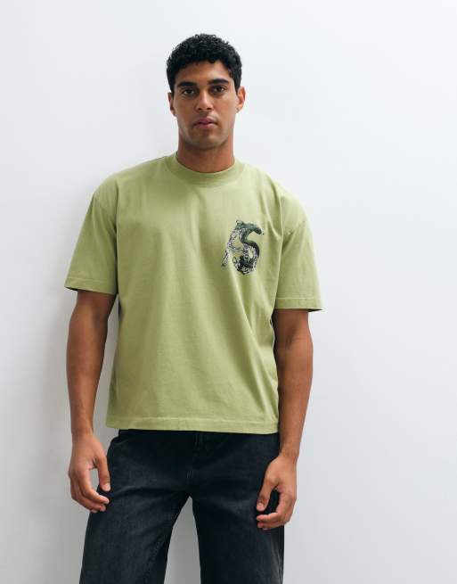 AllSaints Linx short sleeve graphic logo t-shirt with back print in khaki green, 2 of 5