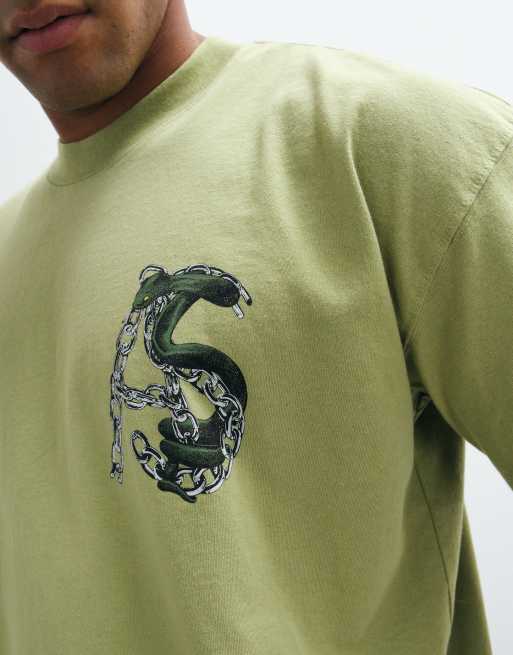 AllSaints Linx short sleeve graphic logo t-shirt with back print in khaki green, 3 of 5