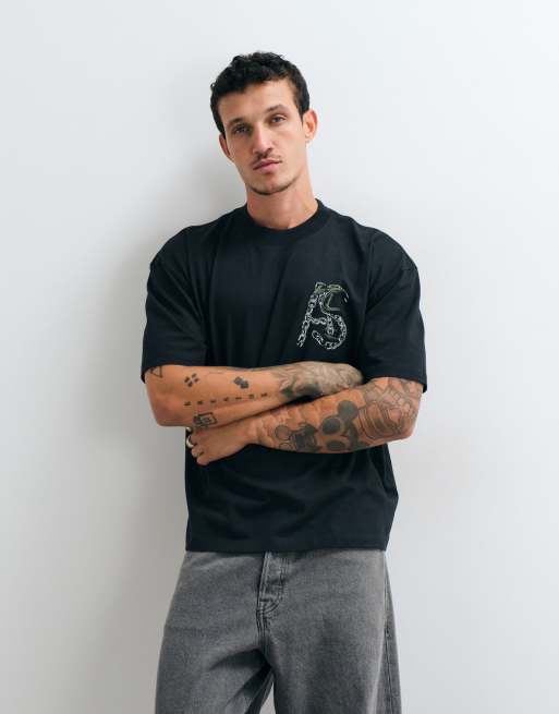 AllSaints Linx short sleeve graphic logo t-shirt with back print in washed black, 2 of 5