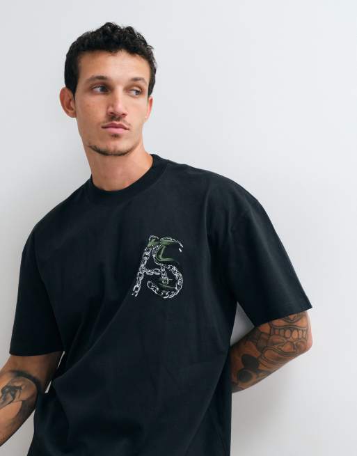 AllSaints Linx short sleeve graphic logo t-shirt with back print in washed black, 3 of 5