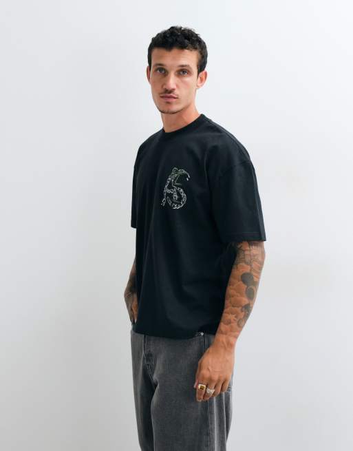 AllSaints Linx short sleeve graphic logo t-shirt with back print in washed black, 5 of 5
