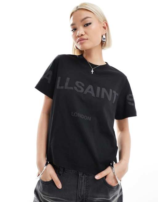 AllSaints Lisa Biggy tonal logo oversized t-shirt in black | ASOS