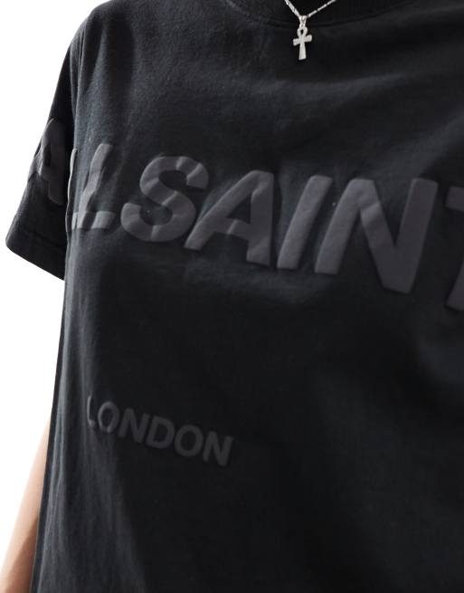 AllSaints Lisa Biggy tonal logo oversized t-shirt in black, 3 of 4