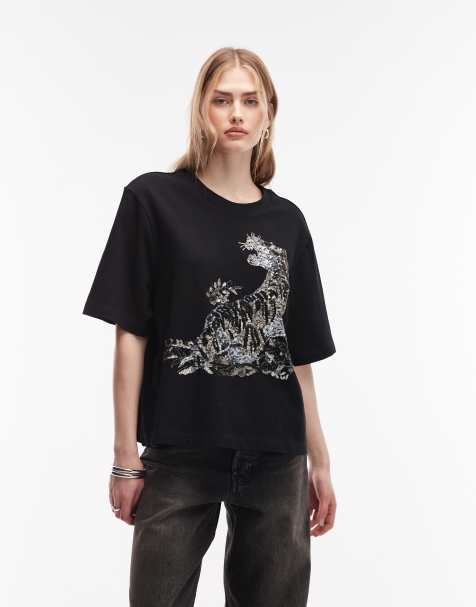 AllSaints – Lisa – Czarny T-shirt z cekinową grafiką tygrysa - view 1