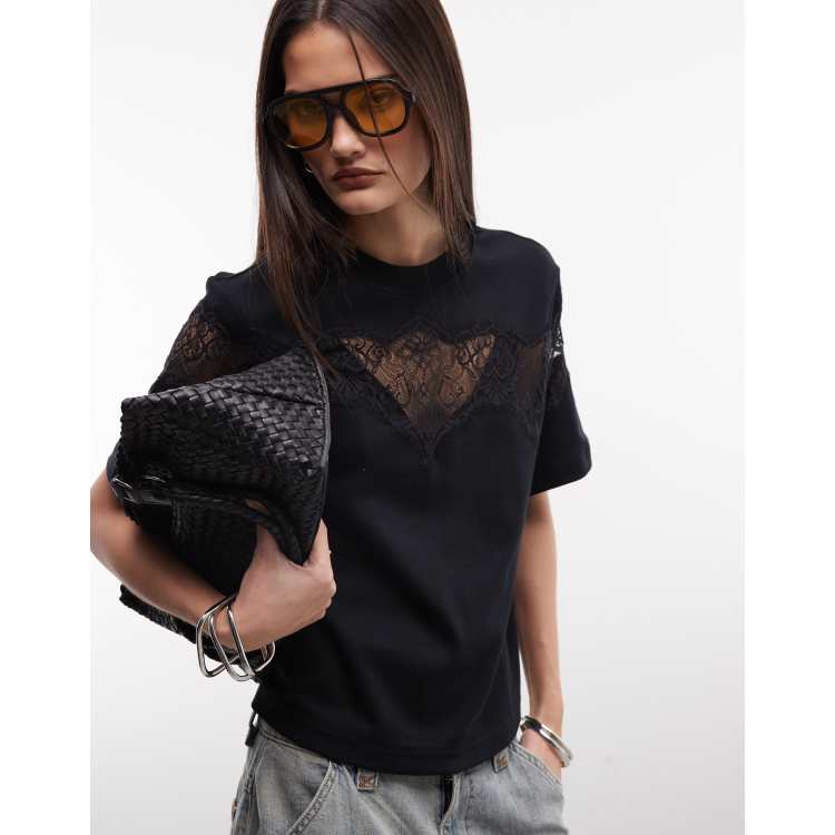 AllSaints Lisa lace graphic boxy T-shirt in black | ASOS
