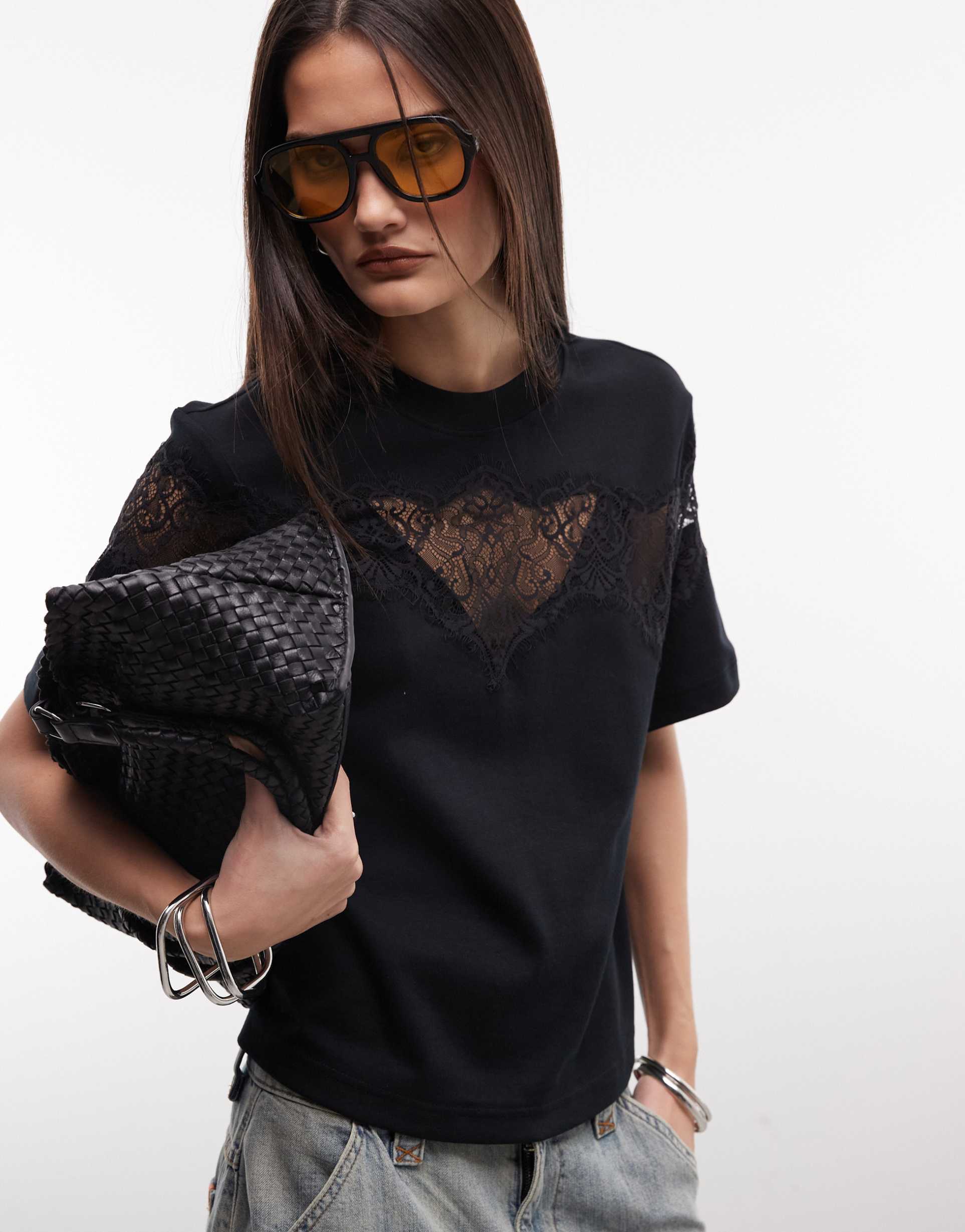 allsaints lisa lace graphic boxy t-shirt in black
