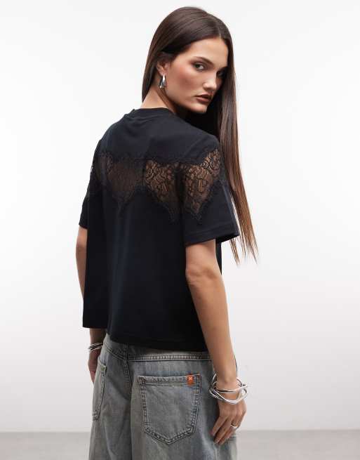 AllSaints Lisa lace graphic boxy T-shirt in black | ASOS