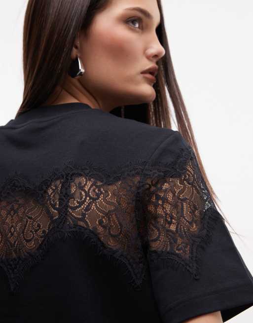 AllSaints - Lisa - Sort T-shirt med grafiske blondedetaljer i firkantet pasform, 3 af 4