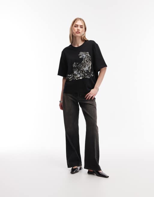 AllSaints - Lisa - Sort T-shirt med tigergrafik af pailletter, 2 af 4