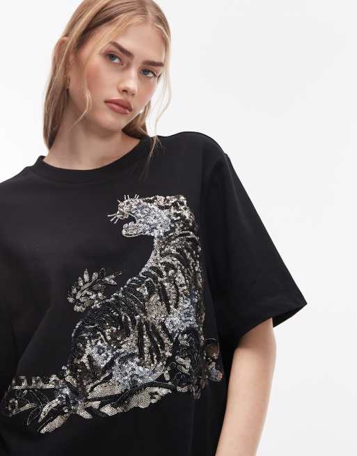 AllSaints - Lisa - Sort T-shirt med tigergrafik af pailletter, 3 af 4
