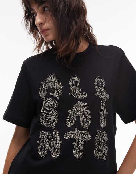 AllSaints - Lisa - T-shirt met versierde tekst in zwart - view 1