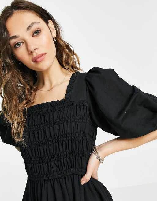 AllSaints Livi linen puff sleeve maxi dress in black, 3 of 4