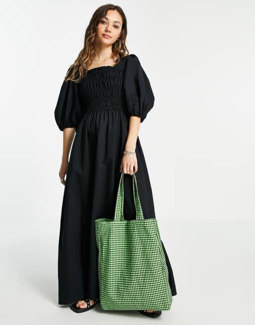 AllSaints – Livi – Svarta maxiklänning i linneblandat material med puffärmar