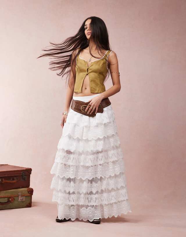AllSaints Lizi lace maxi skirt in chalk white | ASOS