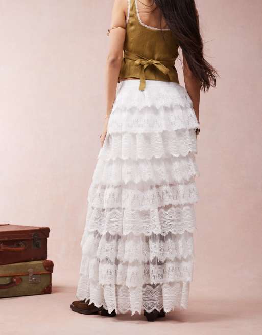 AllSaints Lizi lace maxi skirt in chalk white | ASOS