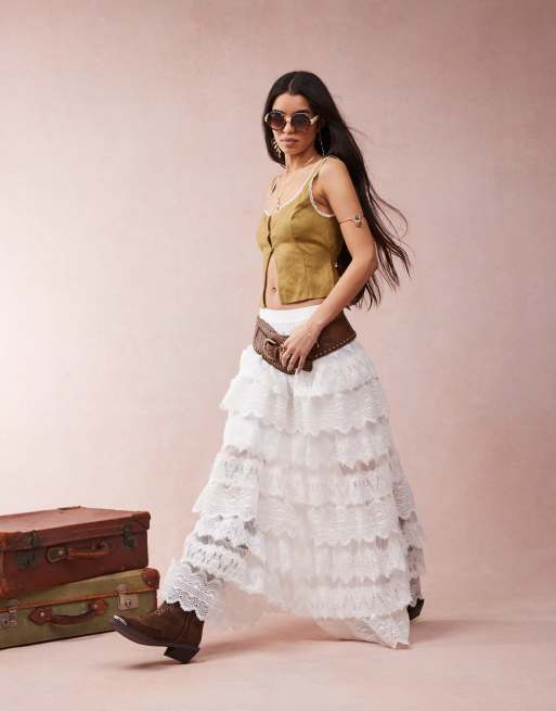 AllSaints Lizi lace maxi skirt in chalk white | ASOS