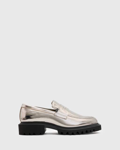 AllSaints Lola leather loafers in gunmetal | ASOS display picture 1