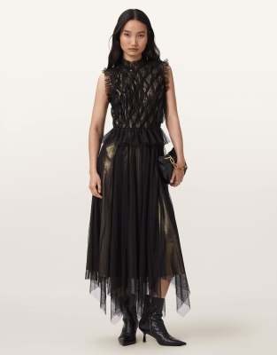 AllSaints - Lola - Tüllkleid in Metallic-Gold-Bunt