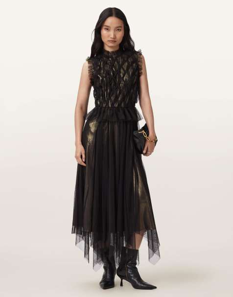 AllSaints – Lola – Tüllkleid in Metallic-Gold - view 1