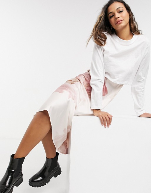 AllSaints long sleeve 2in1 slip satin dress in white and pink