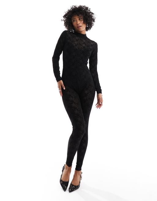 AllSaints long sleeve high neck flocked catsuit in black