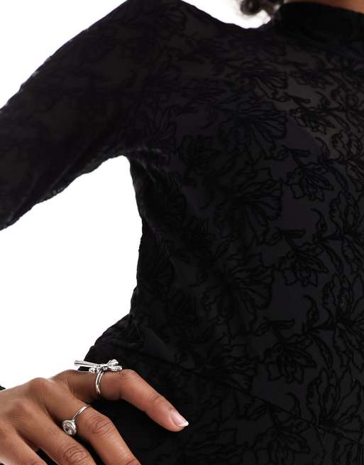 AllSaints long sleeve high neck flocked catsuit in black, 3 of 4
