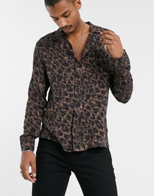 AllSaints long sleeve shirt with leopard print in brown - ASOS Price Checker