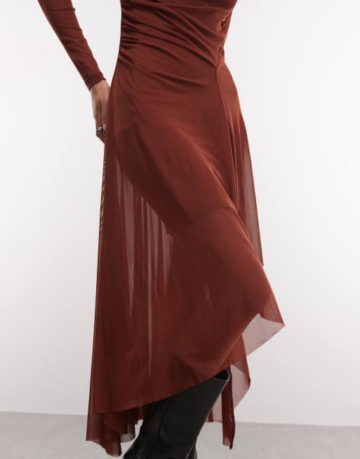 AllSaints Loria long sleeve ruched pleated mesh midi dress in rust brown, 4 of 4