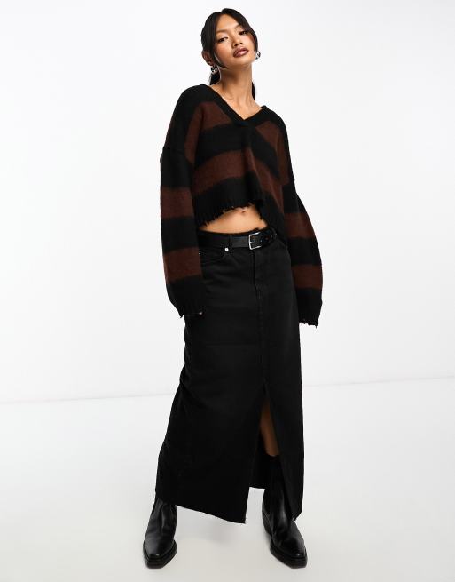 AllSaints Lou crop v neck knitted jumper in black and brown stripe