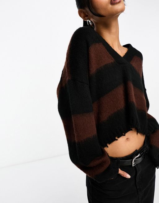 AllSaints Lou crop v neck knitted jumper in black and brown stripe