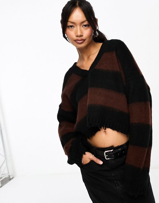 AllSaints Lou crop v neck knitted jumper in black and brown stripe