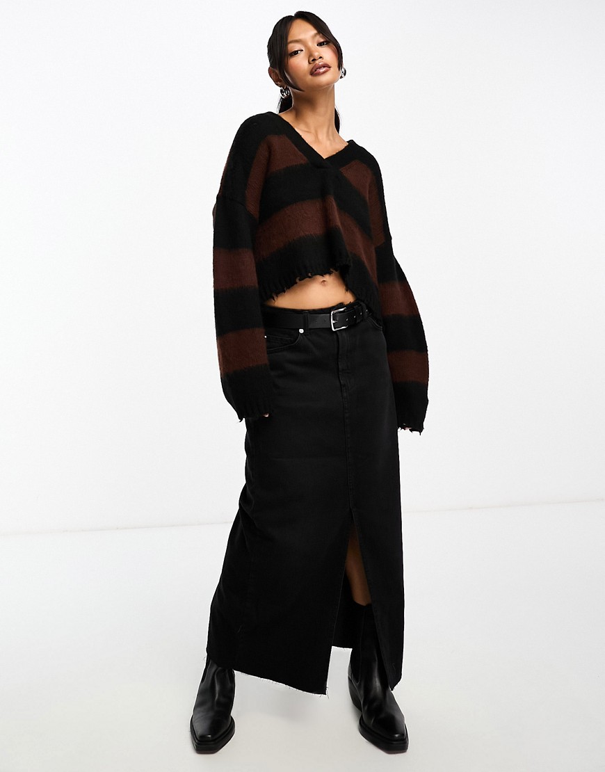 Shop Allsaints Lou Crop V Neck Knitted Sweater In Black And Brown Stripe
