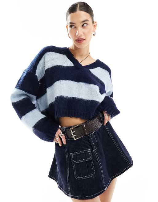 AllSaints Lou cropped v neck jumper in blue | ASOS