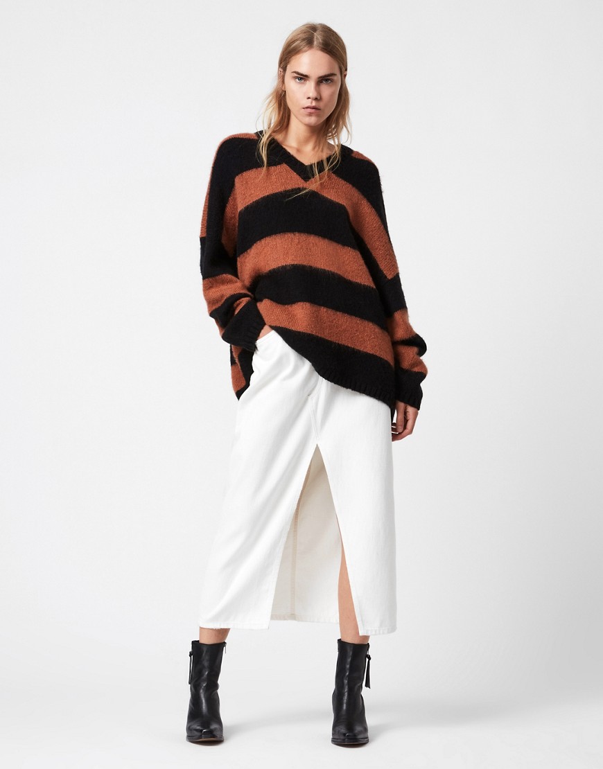 AllSaints Lou knit v-neck jumper in conker brown and black stripe