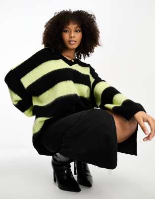 AllSaints Lou oversized v neck jumper in black and green stripe