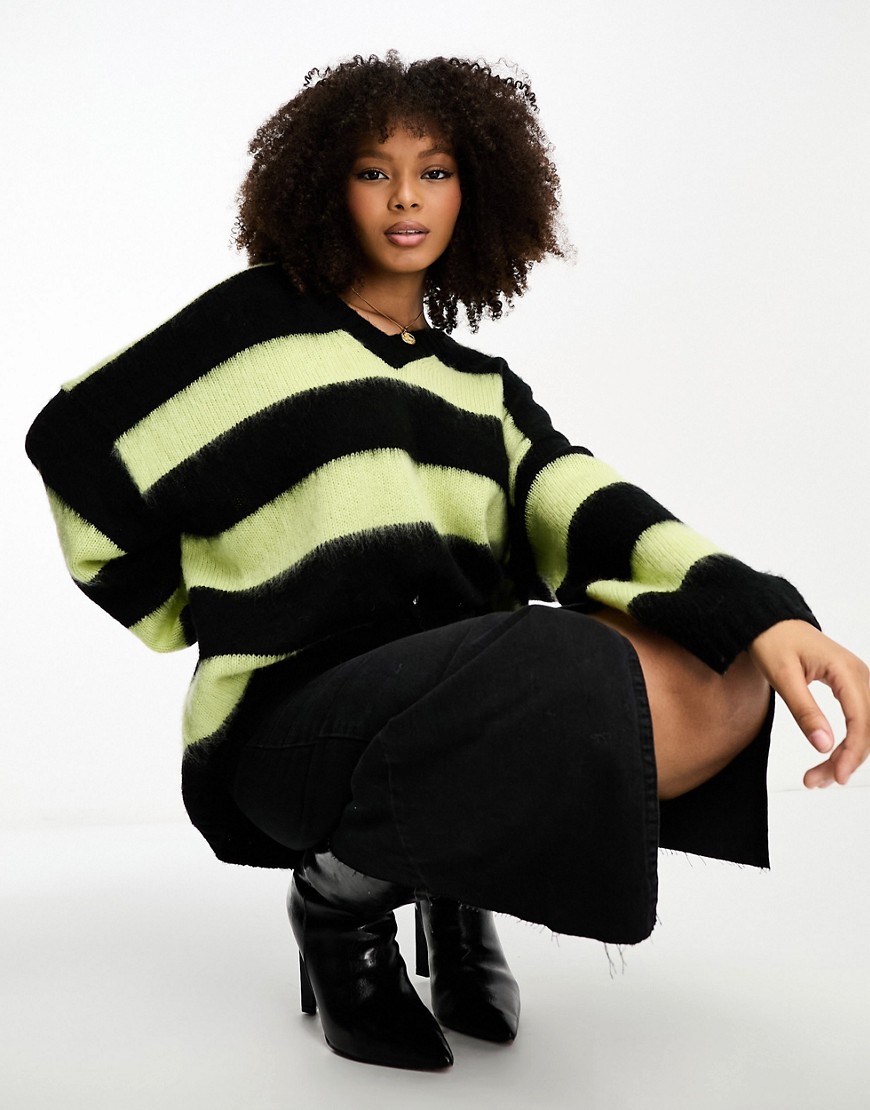 AllSaints Lou oversized v-neck jumper in black and green stripe exclusive to ASOS