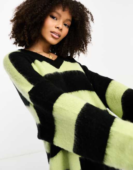 AllSaints Lou oversized v neck jumper in black and green stripe