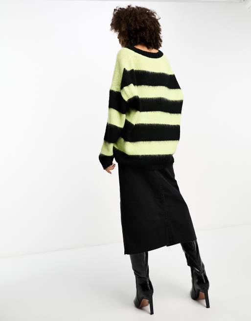 AllSaints Lou oversized v-neck sweater in black and green stripe exclusive  to ASOS