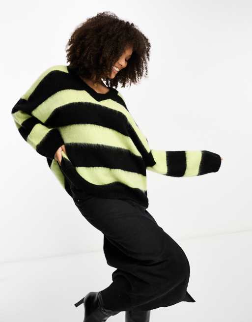 AllSaints Lou oversized v-neck sweater in black and green stripe exclusive  to ASOS