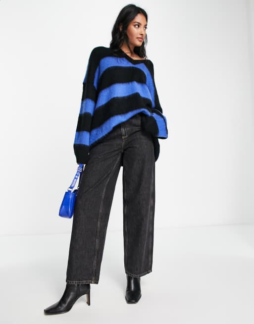 AllSaints Lou v neck stripe jumper in black and blue | ASOS